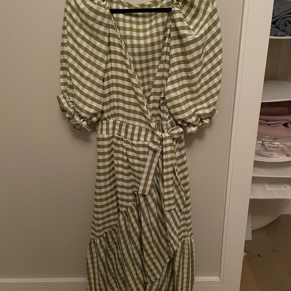 Dresses & Skirts - Green and White Striped Wrap Dress - puff sleeves and ruffle hem